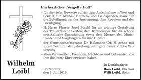 Traueranzeige Wilhelm Loibl