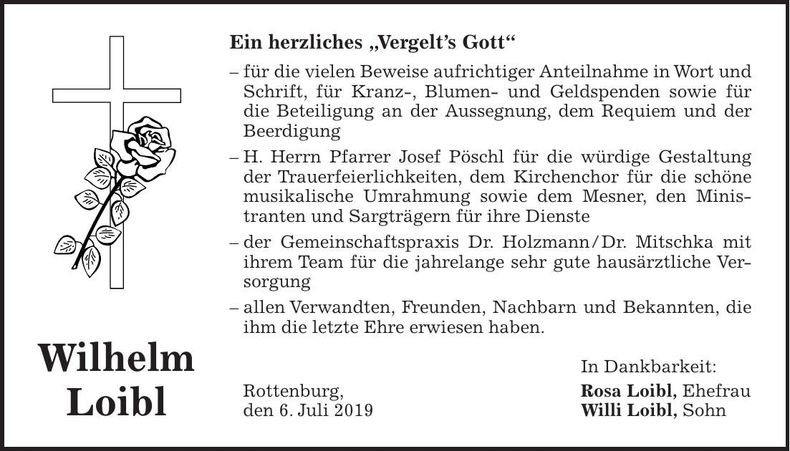 Traueranzeige Wilhelm Loibl