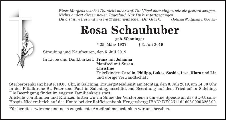 Traueranzeige Rosa Schauhuber