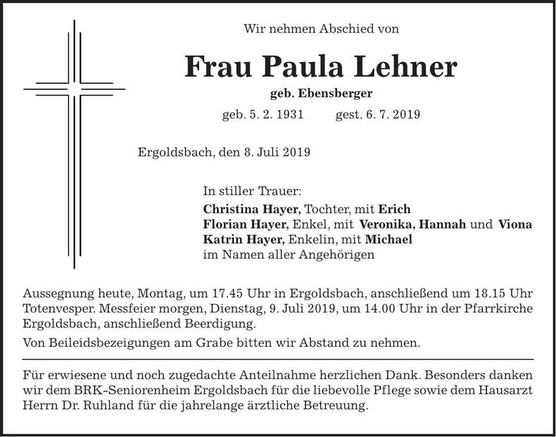 Traueranzeige Paula Lehner