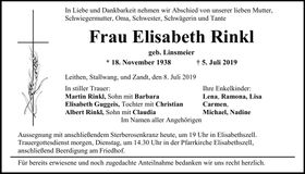 Traueranzeige Elisabeth Rinkl