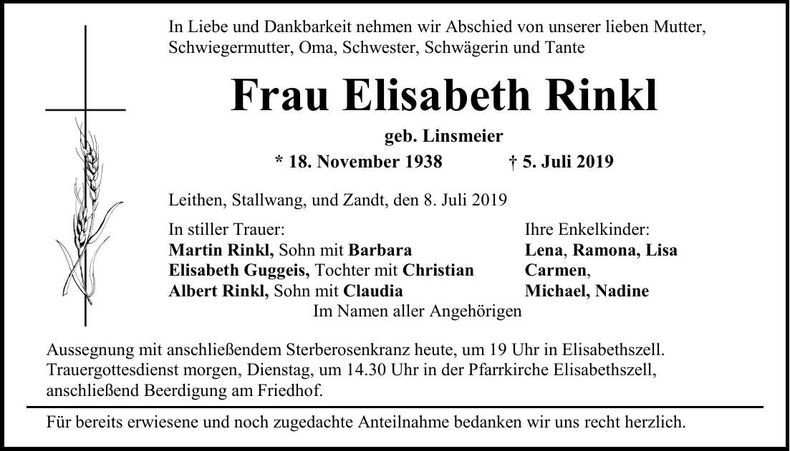 Traueranzeige Elisabeth Rinkl