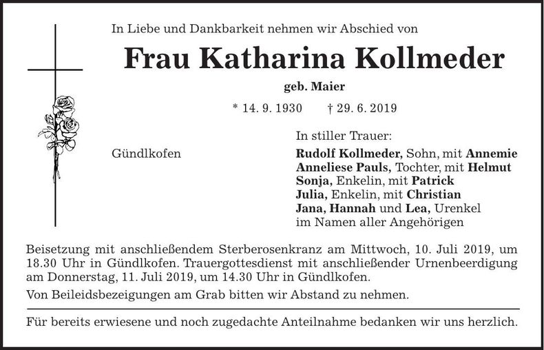 Traueranzeige Katharina Kollmeder