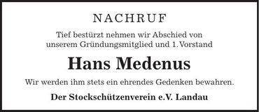 Traueranzeige Hans Medenus
