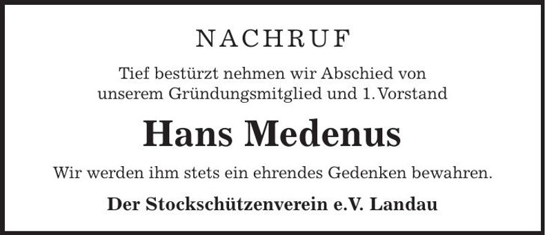 Traueranzeige Hans Medenus