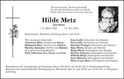 Traueranzeige Hilde Metz