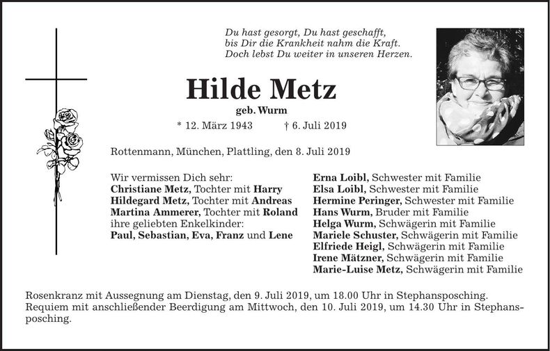 Traueranzeige Hilde Metz