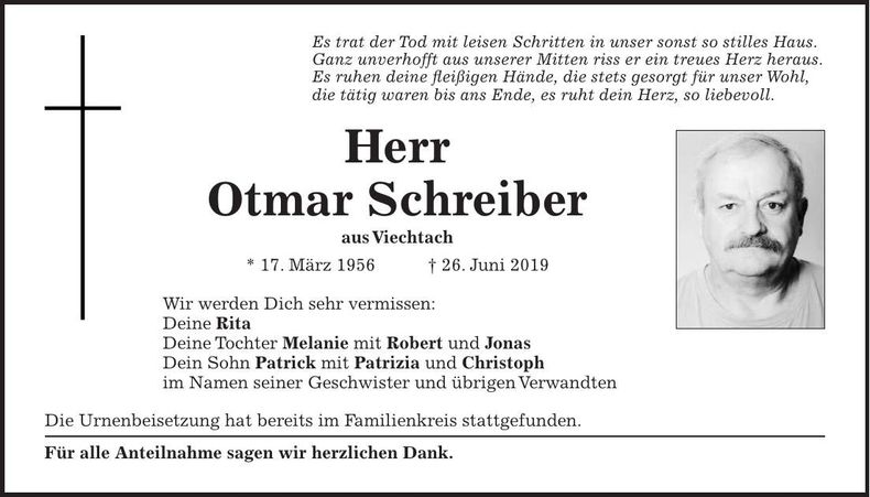 Traueranzeige Otmar Schreiber