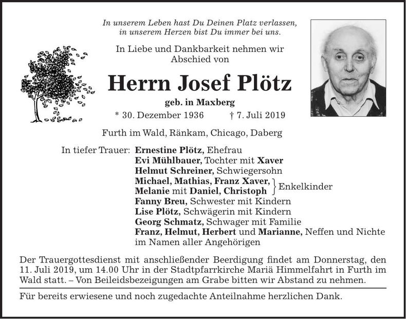 Traueranzeige Josef Plötz