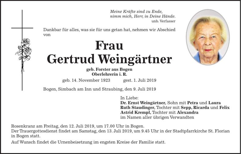 Traueranzeige Gertraud Weingärtner