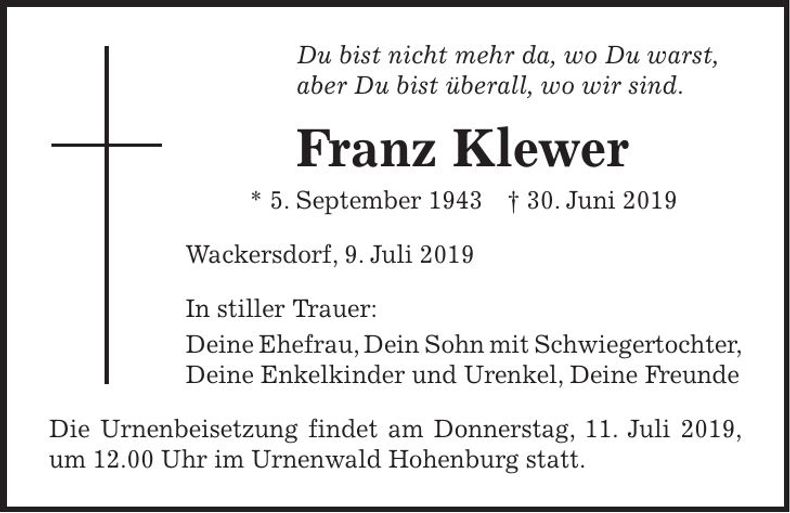 Traueranzeige Franz Klewer