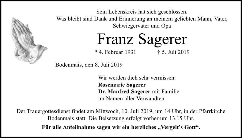 Traueranzeige Franz Sagerer