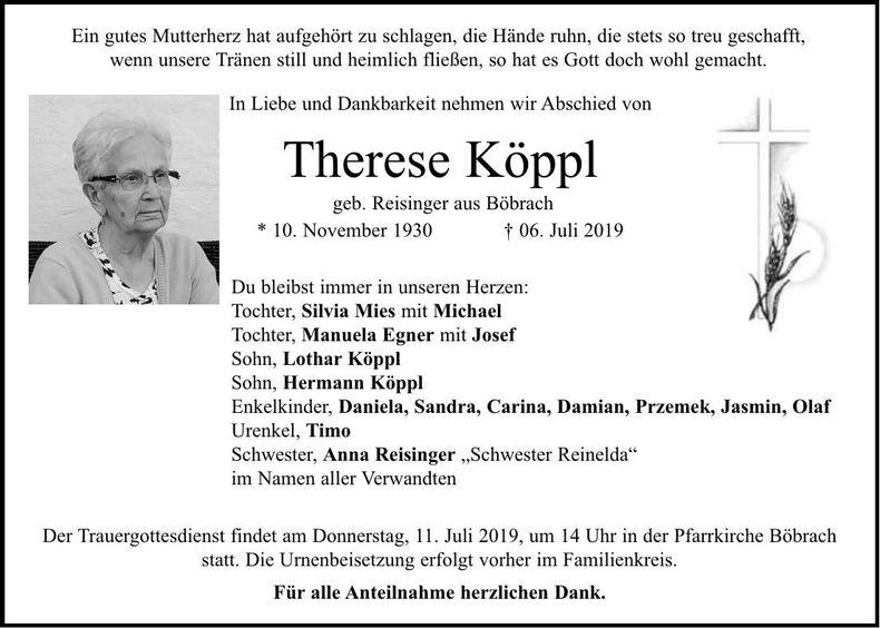 Traueranzeige Therese Köppl
