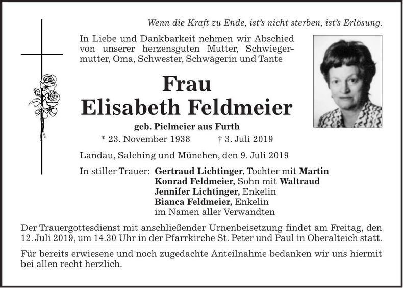 Traueranzeige Elisabeth Feldmeier