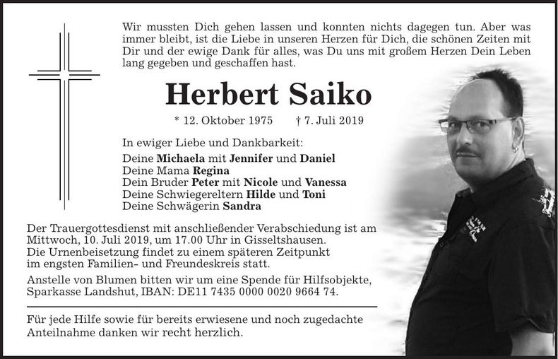 Traueranzeige Herbert Saiko