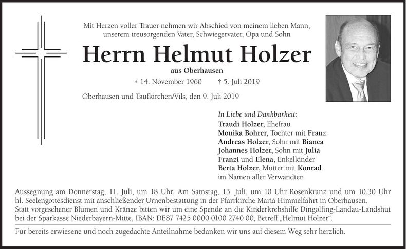 Traueranzeige Helmut Holzer