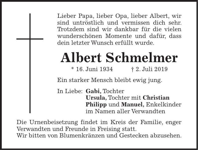 Traueranzeige Albert Schmelmer