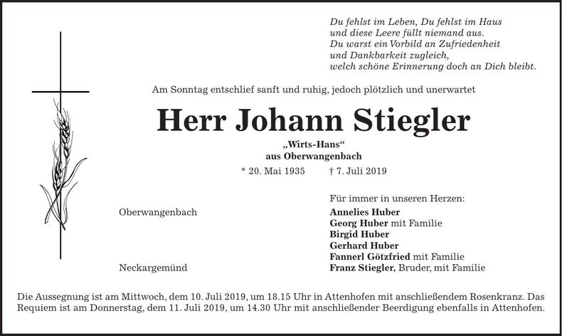 Traueranzeige Johann Stiegler