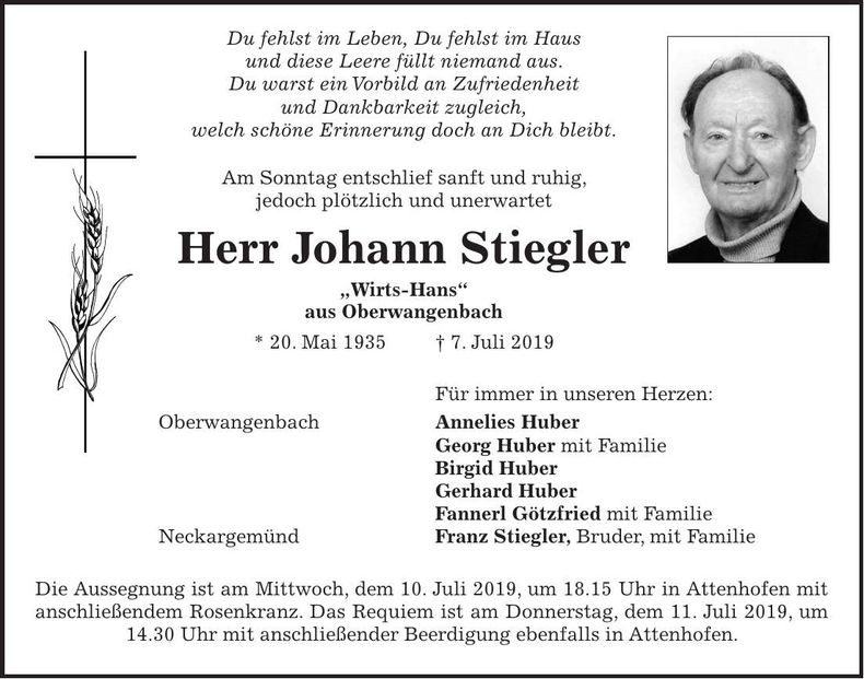 Traueranzeige Johann Stiegler