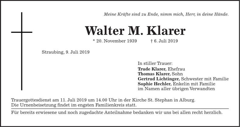 Traueranzeige Walter M. Klarer
