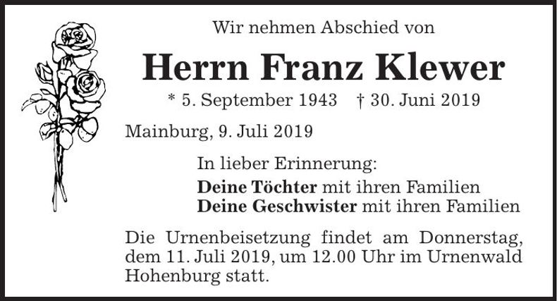 Traueranzeige Franz Klewer