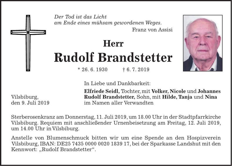 Traueranzeige Rudolf Brandstetter