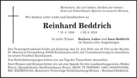 Traueranzeige Reinhard Beddrich