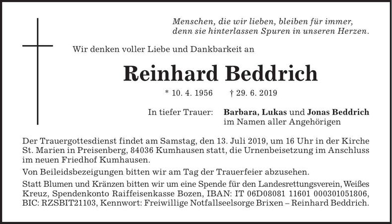 Traueranzeige Reinhard Beddrich