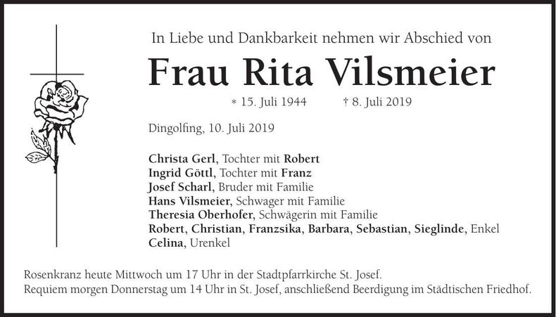 Traueranzeige Rita Vilsmeier