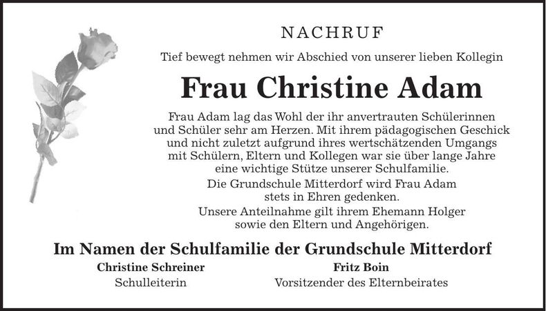 Traueranzeige Christine Adam