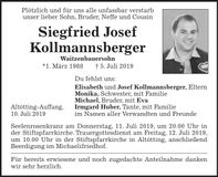 Traueranzeige Siegfried Josef Kollmannsberger