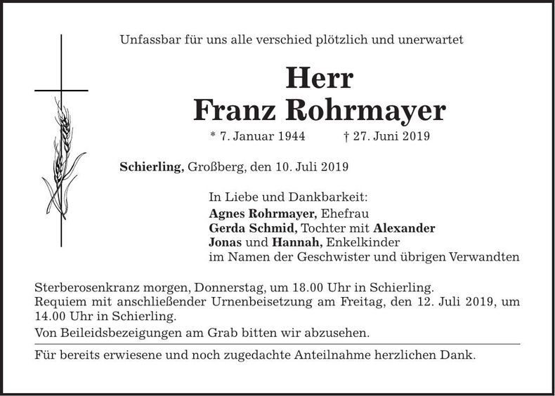 Traueranzeige Franz Rohrmayer