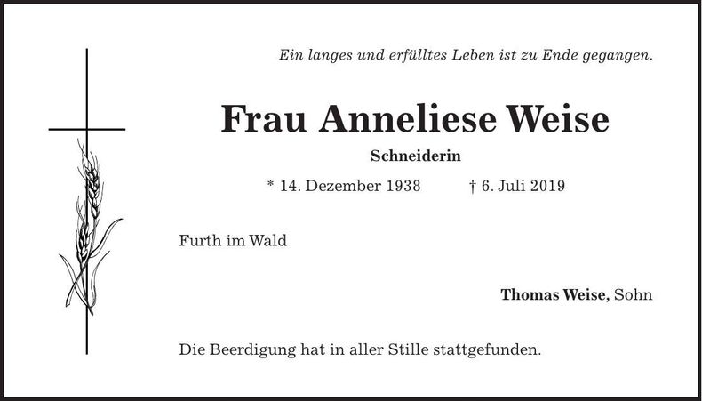 Traueranzeige Anneliese Weise
