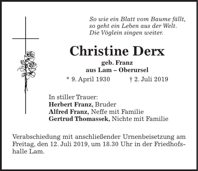 Traueranzeige Christine Derx