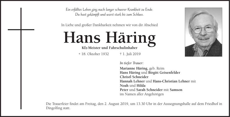 Traueranzeige Hans Häring