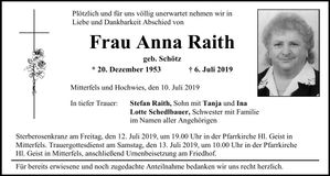 Traueranzeige Anna Raith