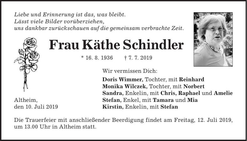 Traueranzeige Käthe Schindler