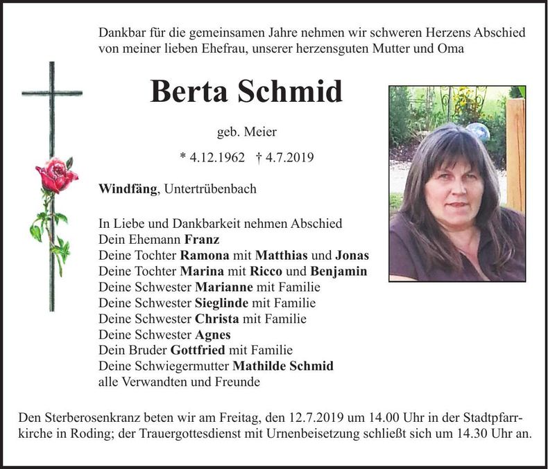 Traueranzeige Berta Schmid