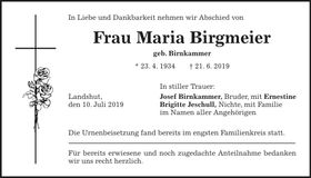 Traueranzeige Maria Birgmeier