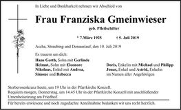 Traueranzeige Franziska Gmeinwieser