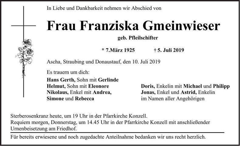 Traueranzeige Franziska Gmeinwieser