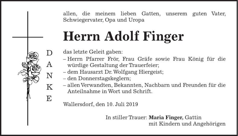 Traueranzeige Adolf Finger