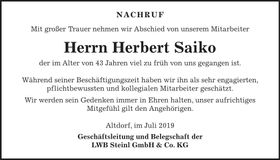 Traueranzeige Herbert Saiko