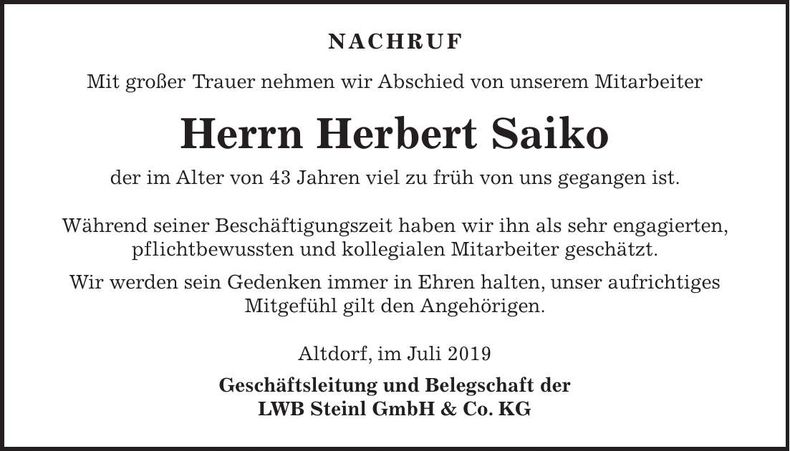 Traueranzeige Herbert Saiko