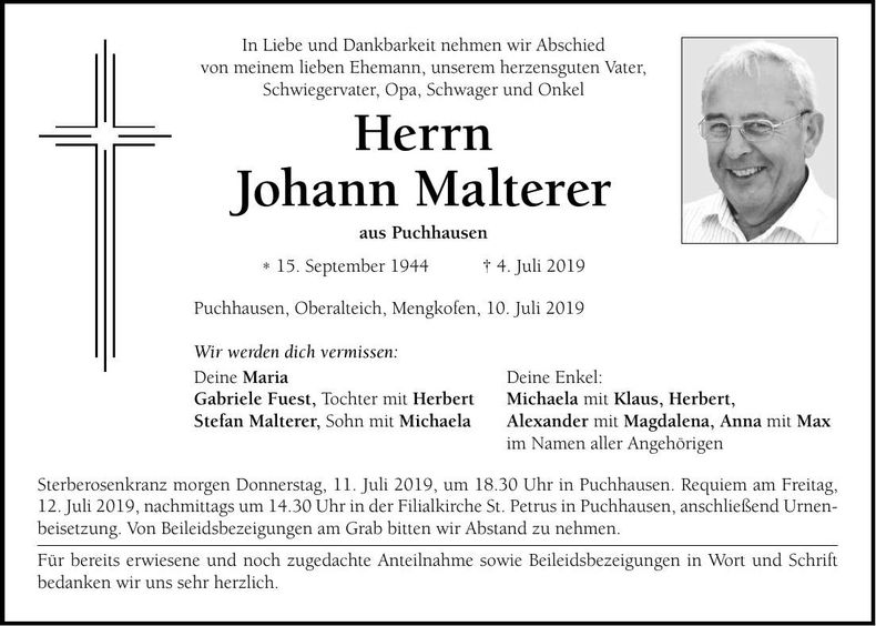 Traueranzeige Johann Malterer