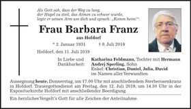Traueranzeige Barbara Franz