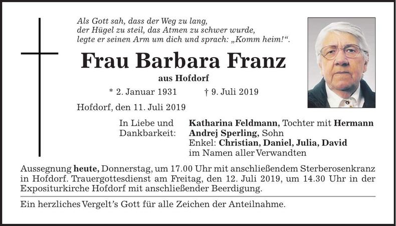 Traueranzeige Barbara Franz