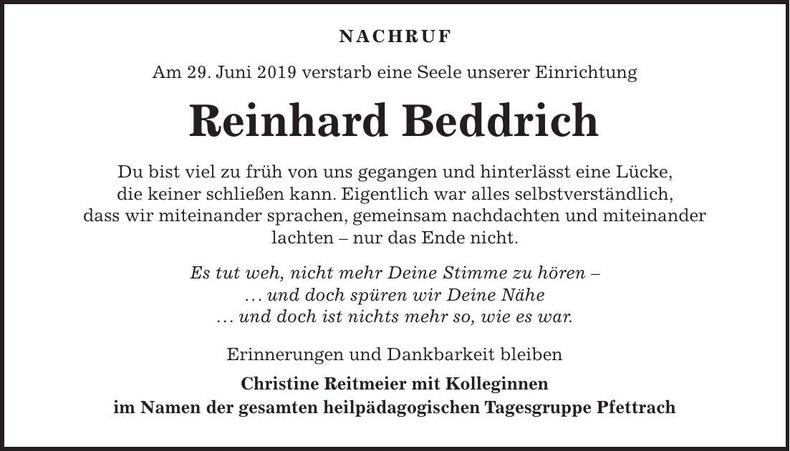 Traueranzeige Reinhard Beddrich