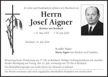 Traueranzeige Josef Aigner