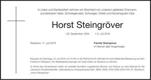 Traueranzeige Horst Steingröver